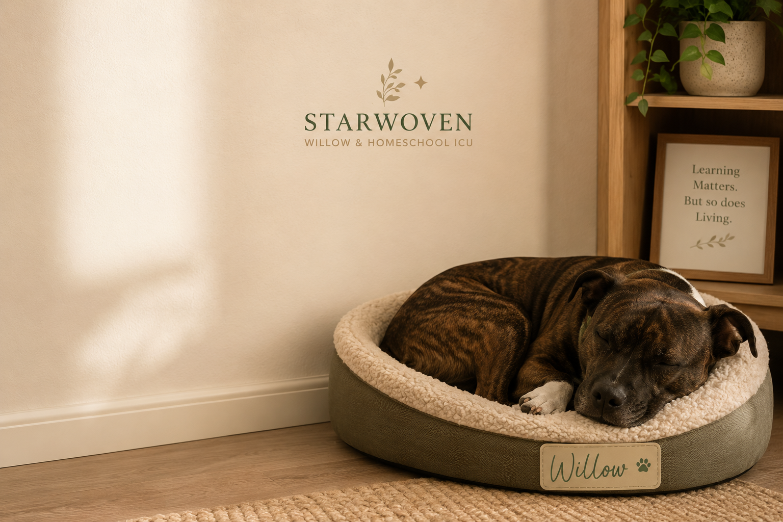 Willow sleeping on her bed